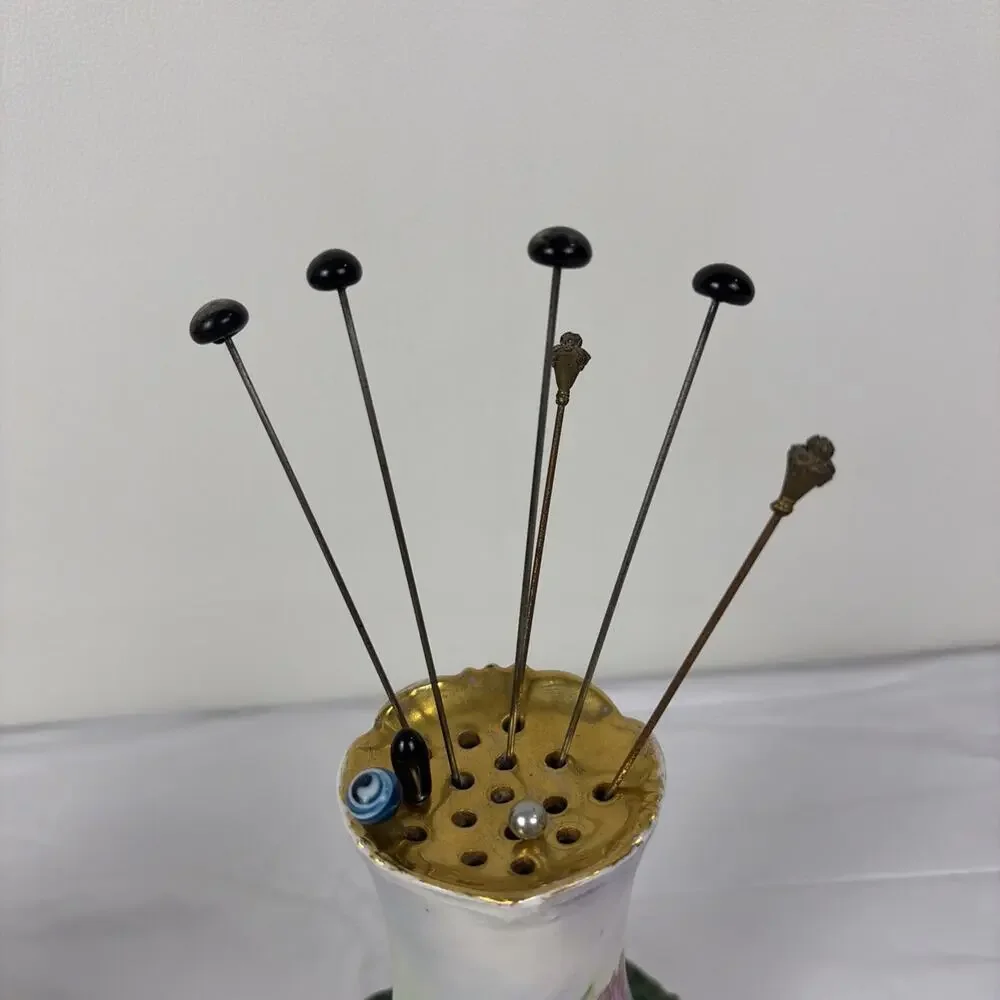 Antique Victorian Hat Pin Holder with Pins Signed TK Circa 1897 Hand Painted